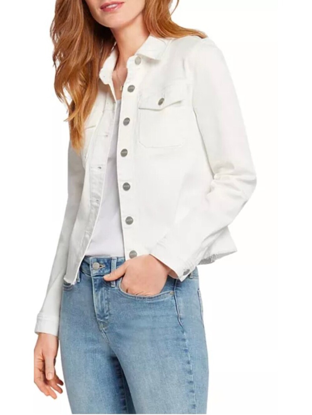 NYDJ Frayed Hem Denim Jacket in Optic White, Size Medium